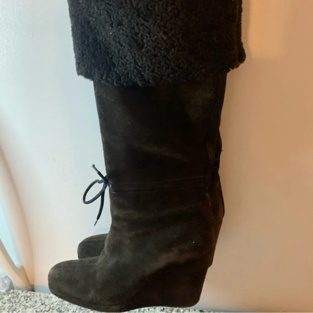 Prada Brown Suede Leather Shearling Knee High Wedge Boots 7